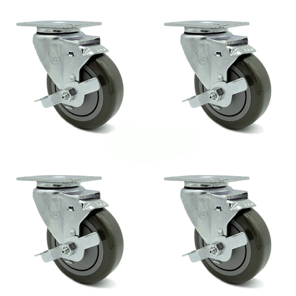 4 Inch Gray Polyurethane Wheel Swivel Top Plate Caster Set with Brake SCC